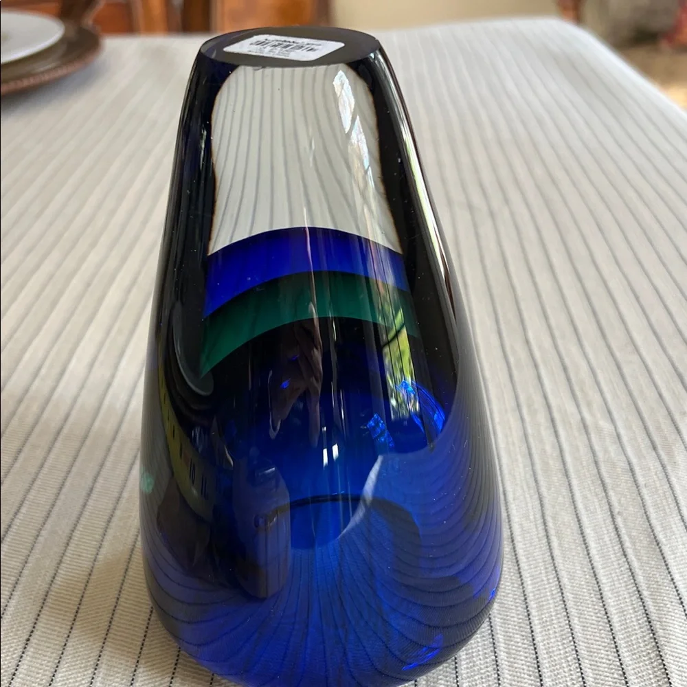 Crate and Barrel Camden Tri Color Clear, Blue and Green Glass Vase.